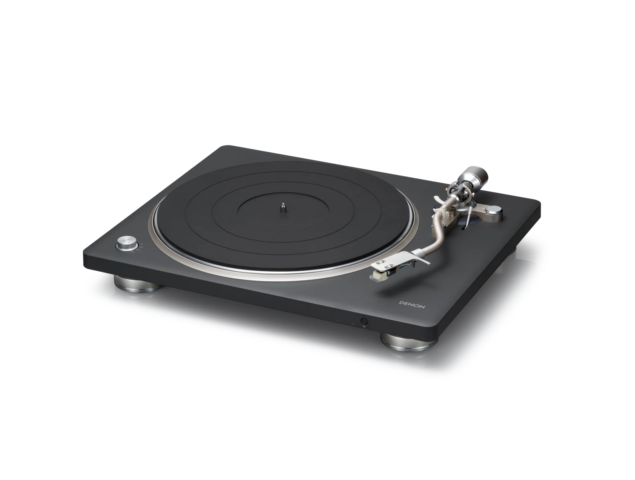 Denon DP-500BT Premium Semi-Automatic Hi-Fi Turntable with Bluetooth — front view showing die-cast platter and S-shaped tonearm